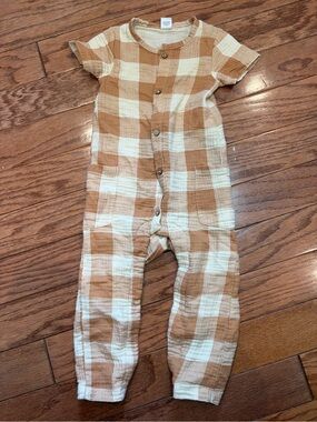 Colored Organics Cream and Tan Checkered Short-Sleeve One-Piece